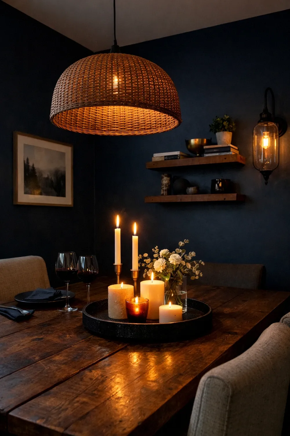 bold accent wall in a deep color in a dining room
