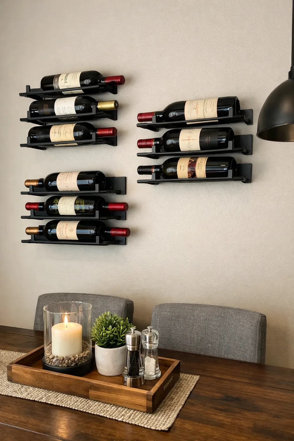 floating wine rack in a dining room