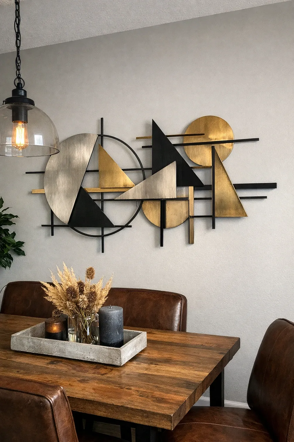 geometric metal wall sculpture in a dining room