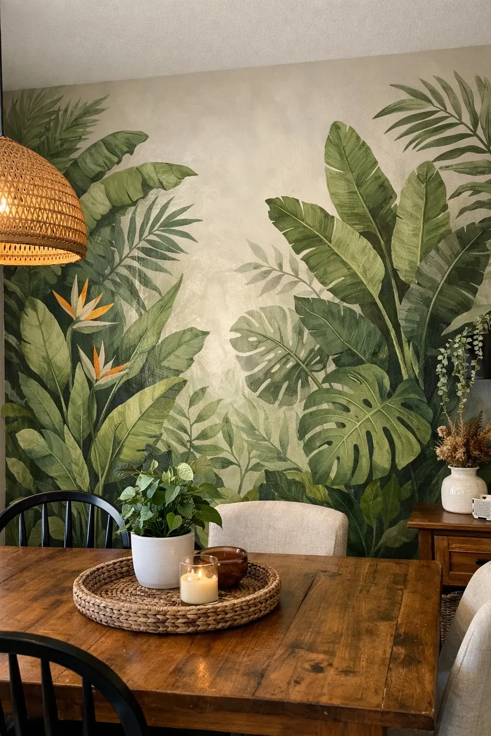 large-scale botanical mural in a dining room