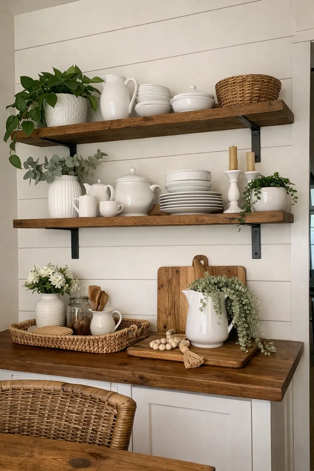 open farmhouse shelving in a dining room