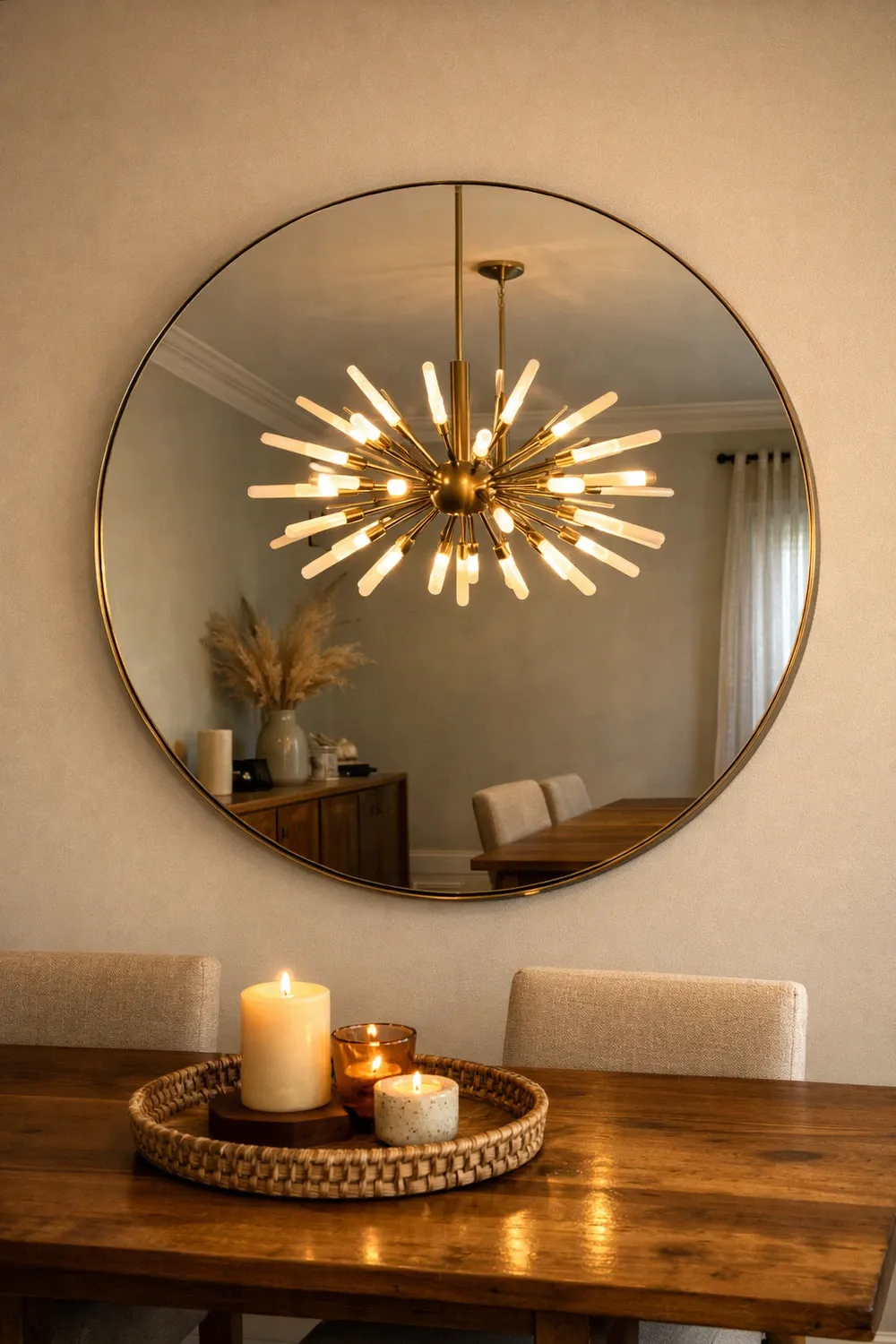 oversized round mirror in a dining room