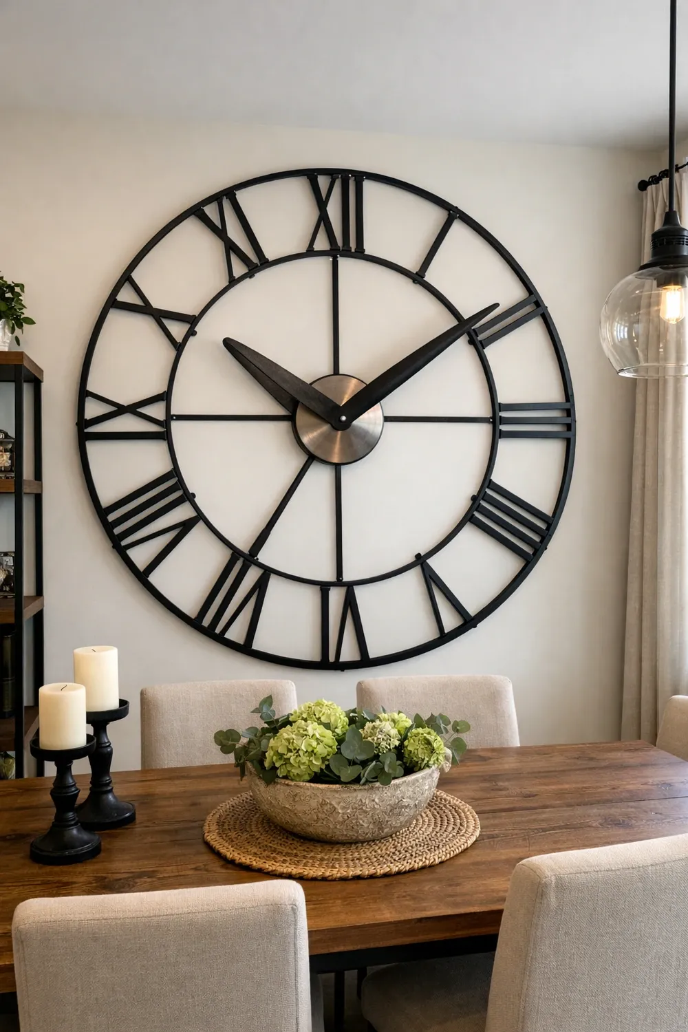 oversized statement clock in a dining room