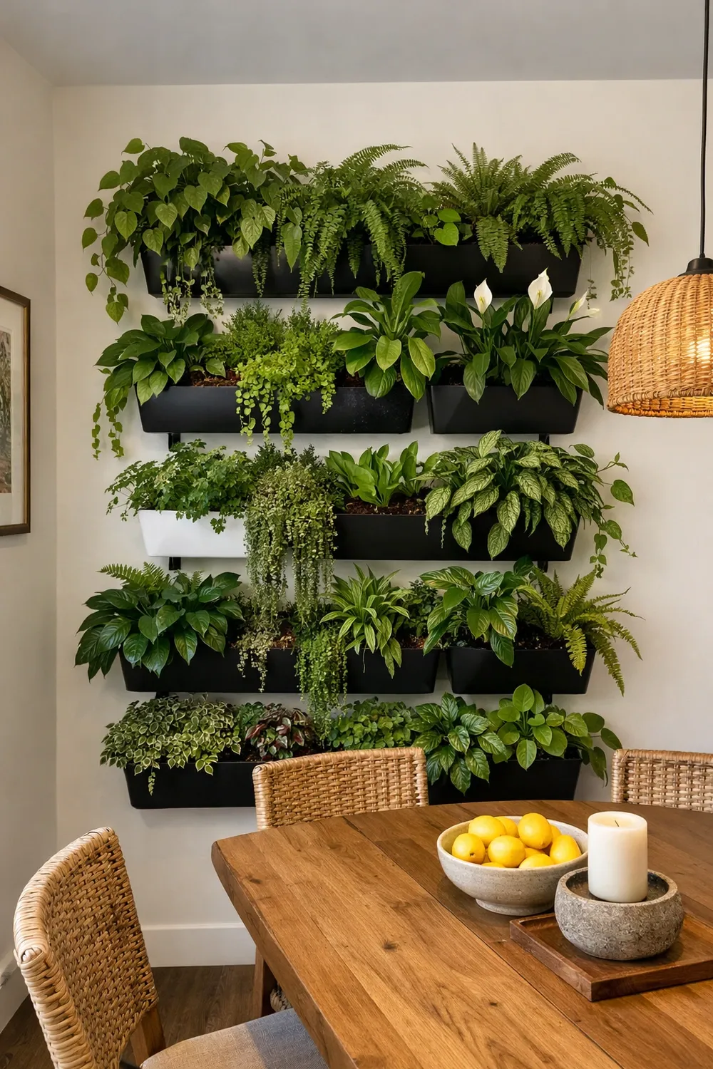 vertical indoor garden in a dining room