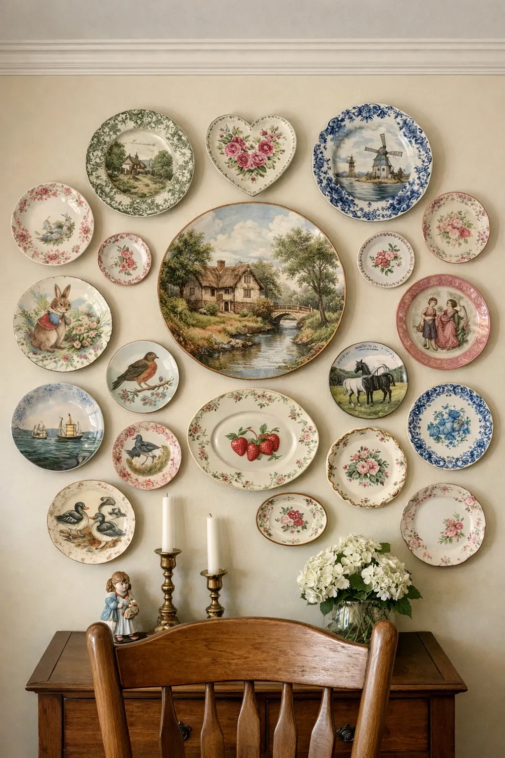vintage plate collection in a dining room