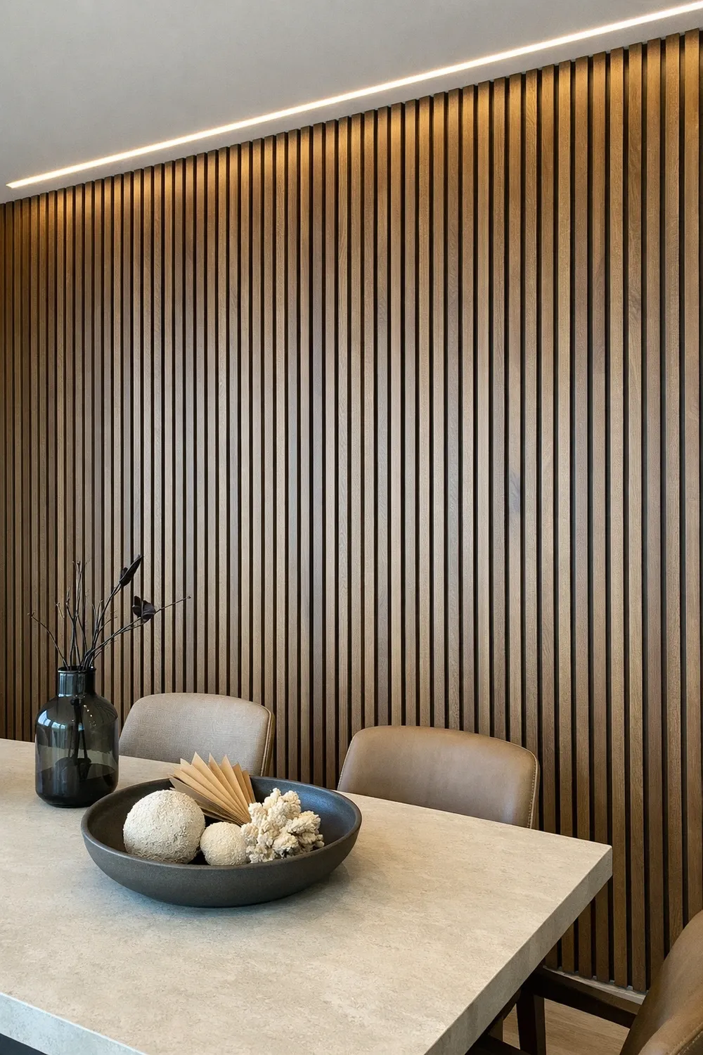 wood slat accent panel in a dining room