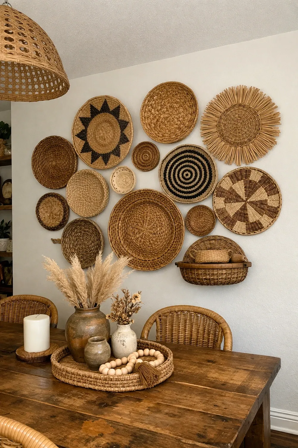 woven basket wall in a dining room