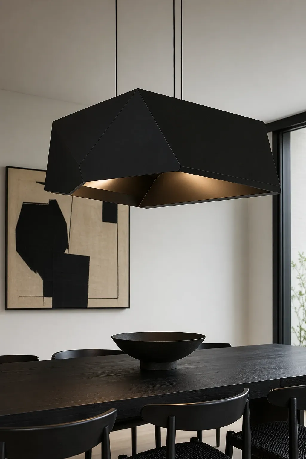 bold black architectural fixture in a dining room