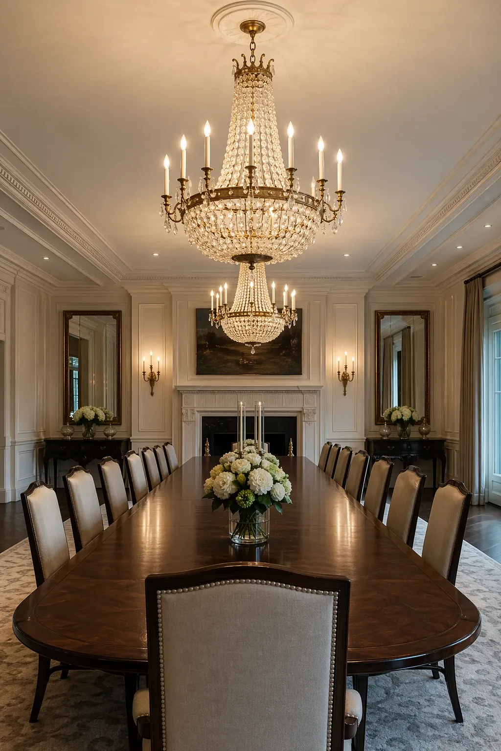 dual matching chandeliers in a dining room