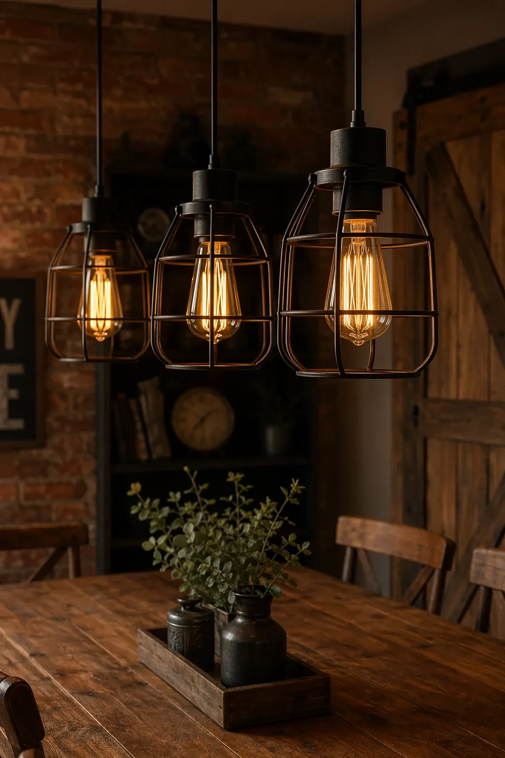 industrial cage pendant in a dining room