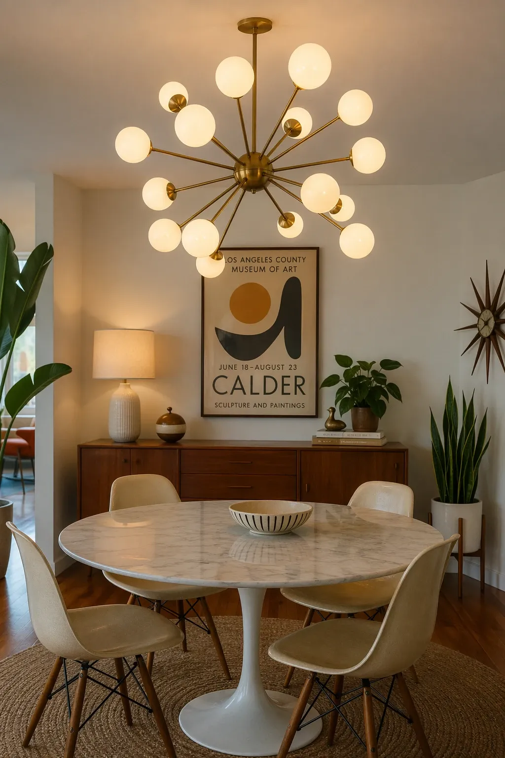 mid-century sputnik style in a dining room