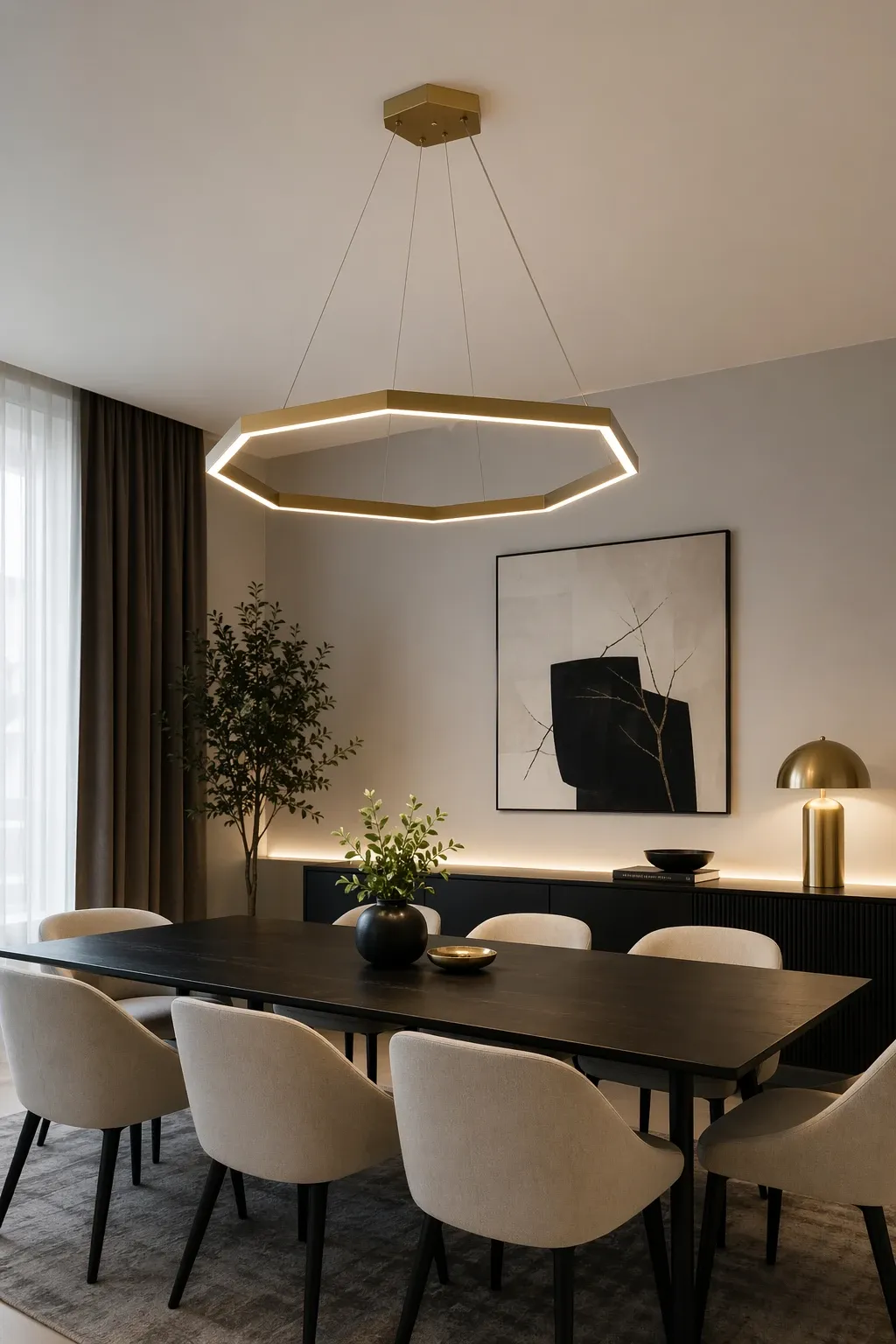 minimalist geometric fixture in a dining room