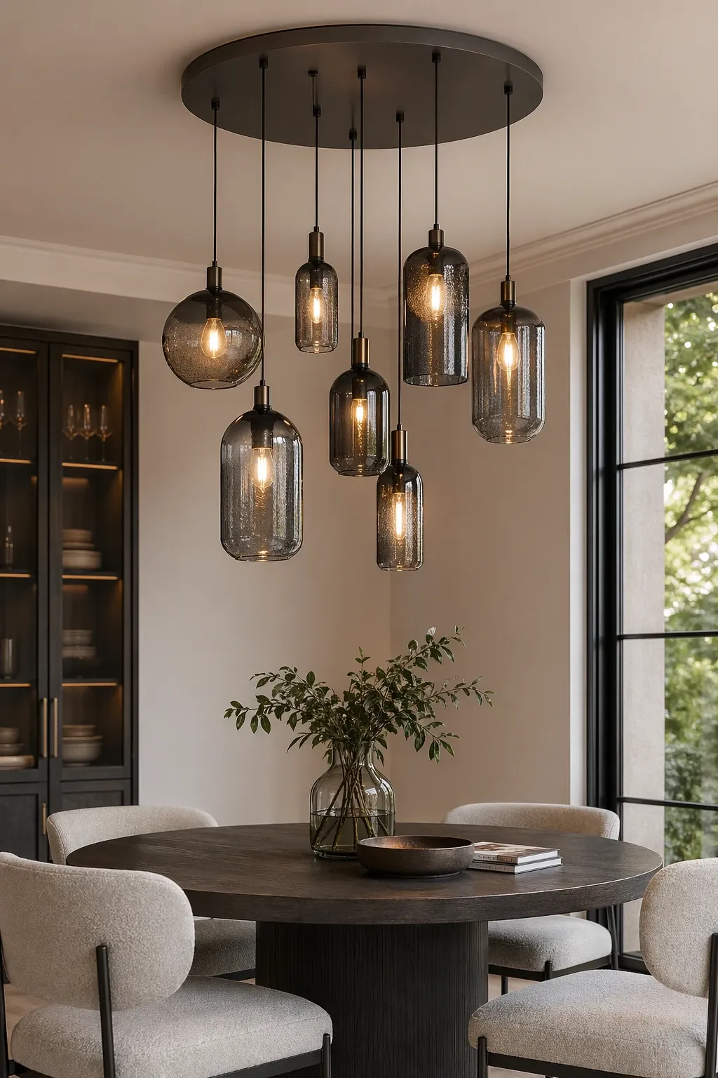 modern pendant cluster in a dining room