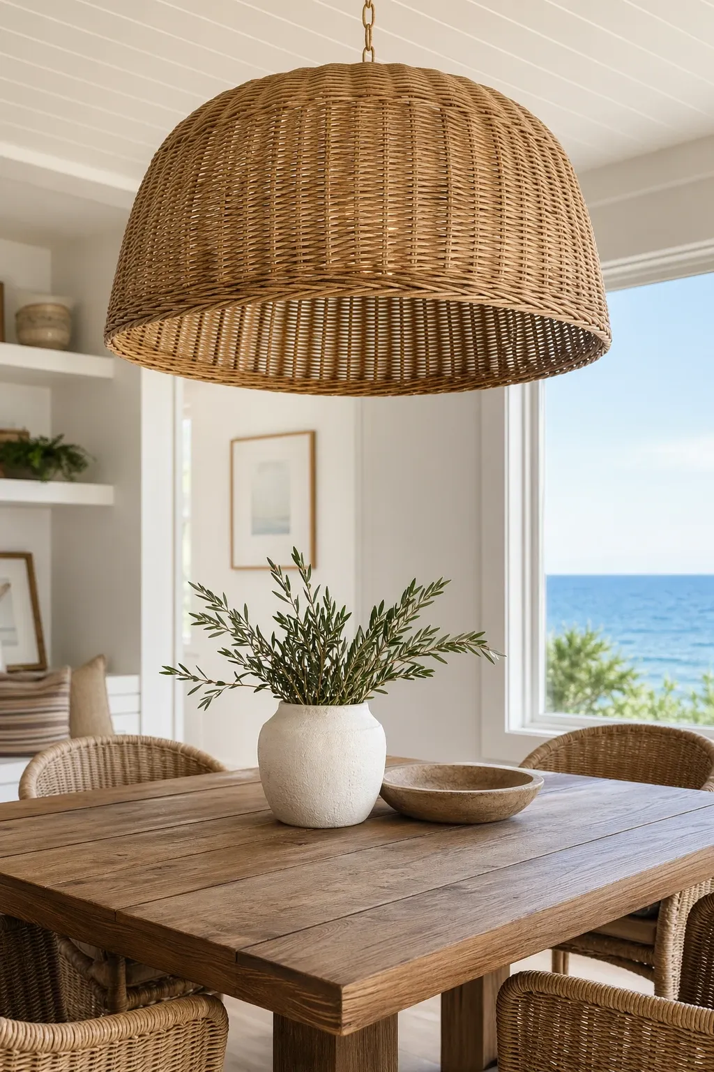woven natural fiber pendant in a dining room