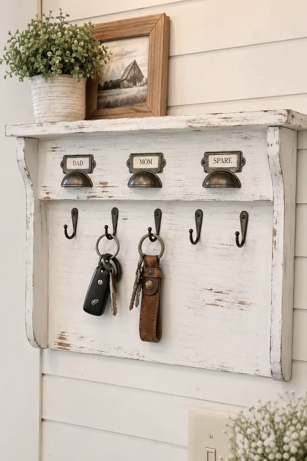 farmhouse style distressed organizer in a entryway