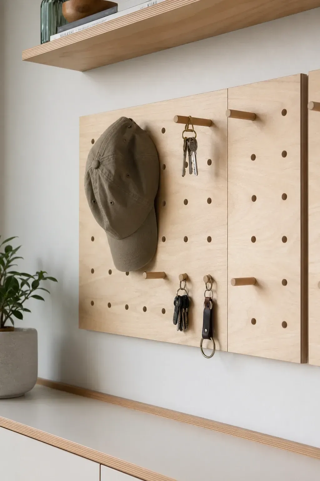 minimalist pegboard system in a entryway