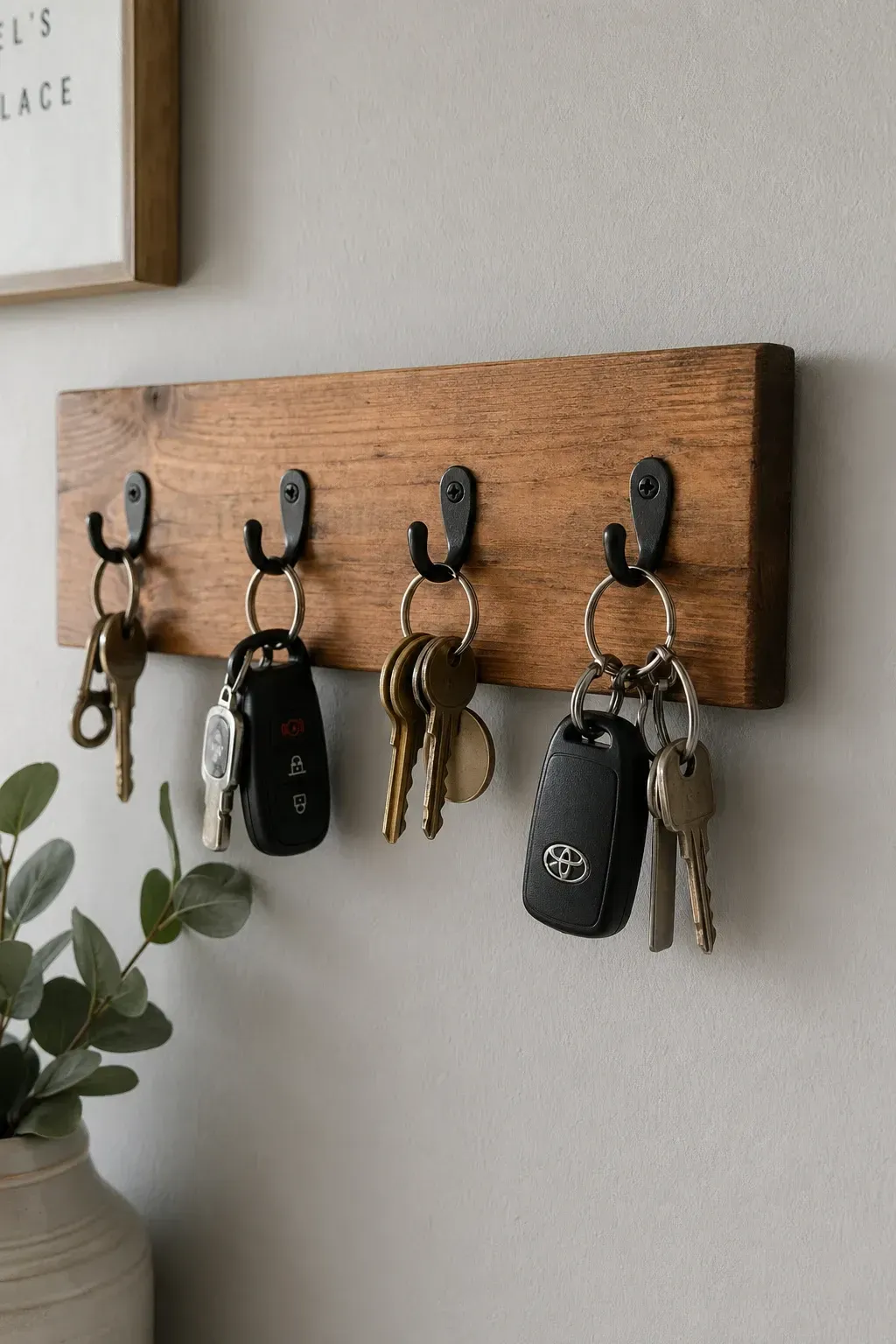 rustic wooden key rack in a entryway