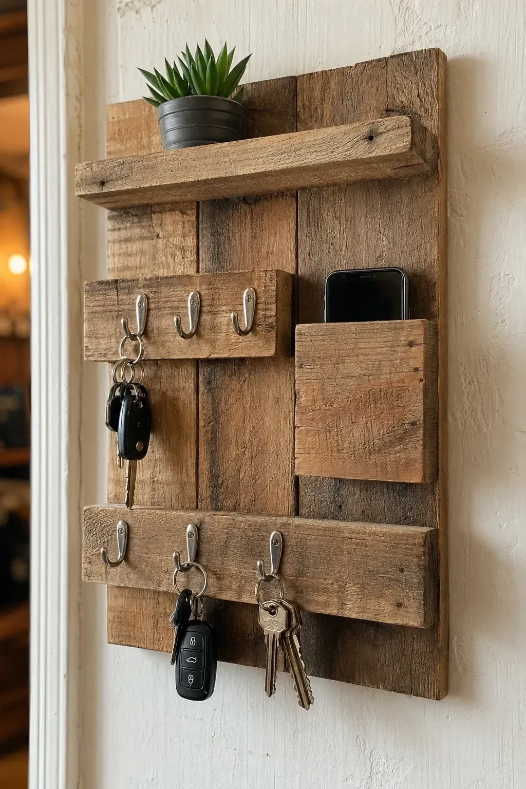 upcycled pallet wood organizer in a entryway