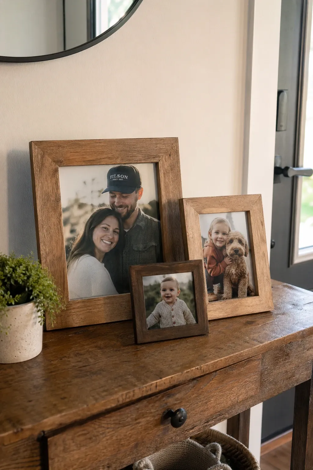 framed photos in a entryway