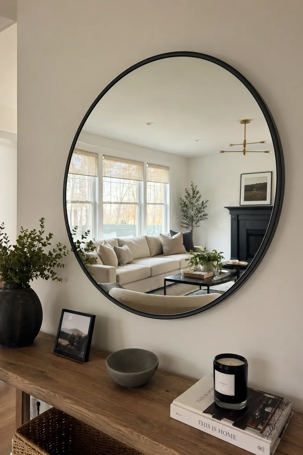 wall mirror above the table in a entryway