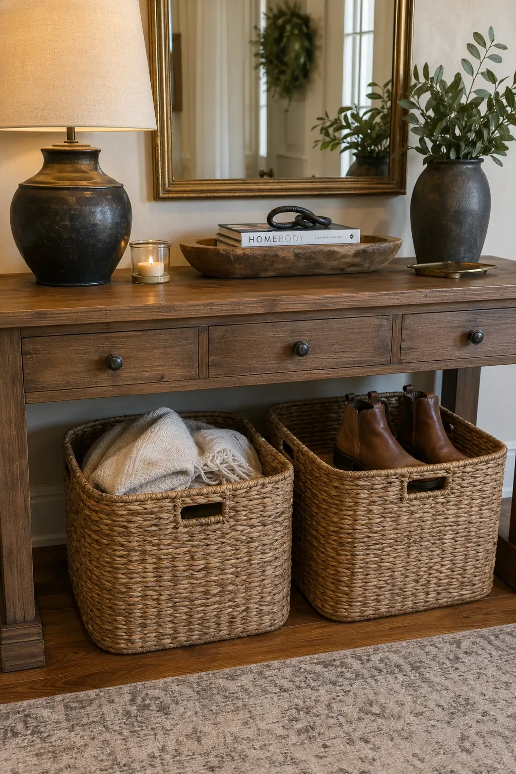 wicker baskets under the table in a entryway