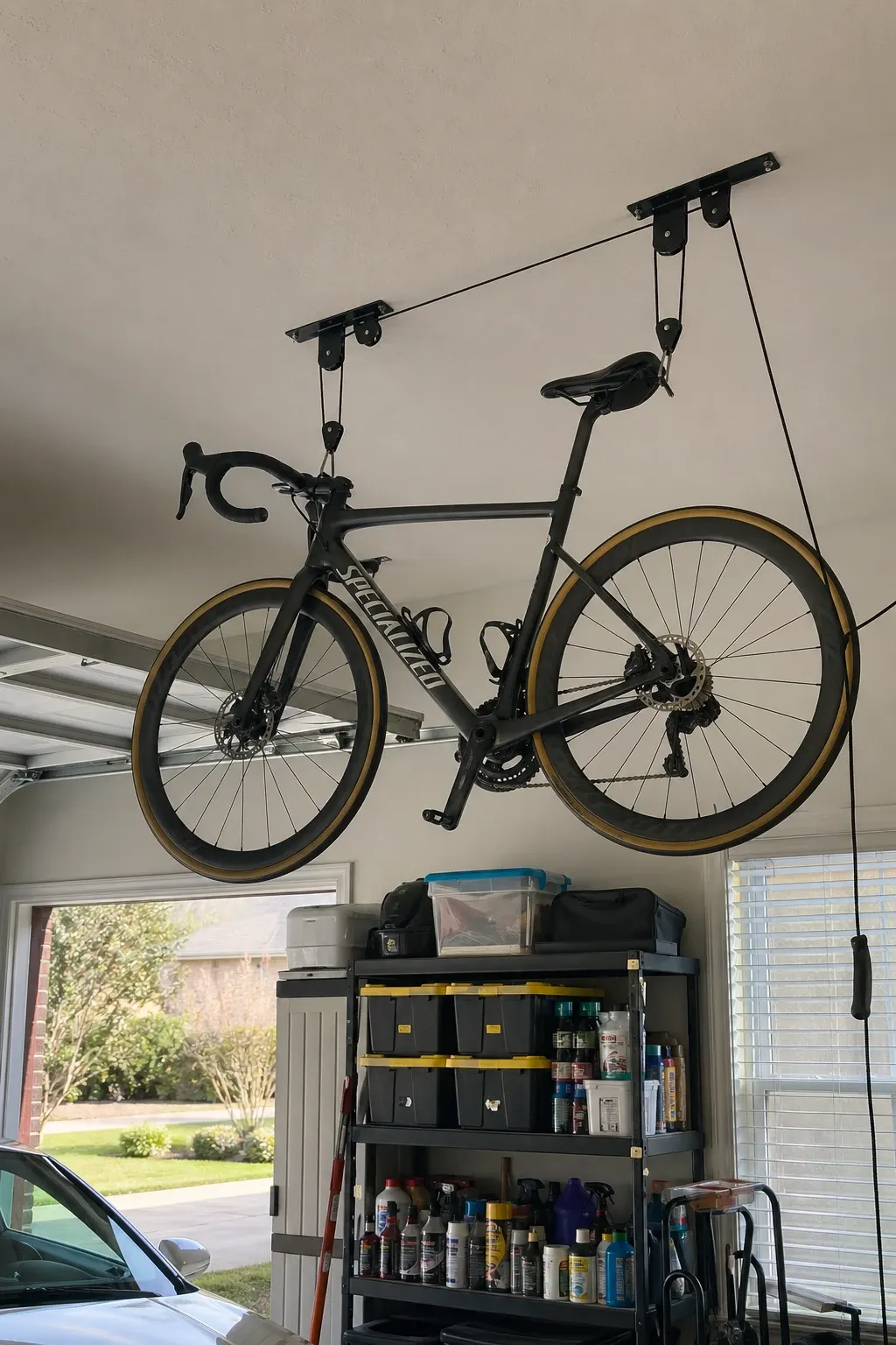 horizontal wall hooks in a garage