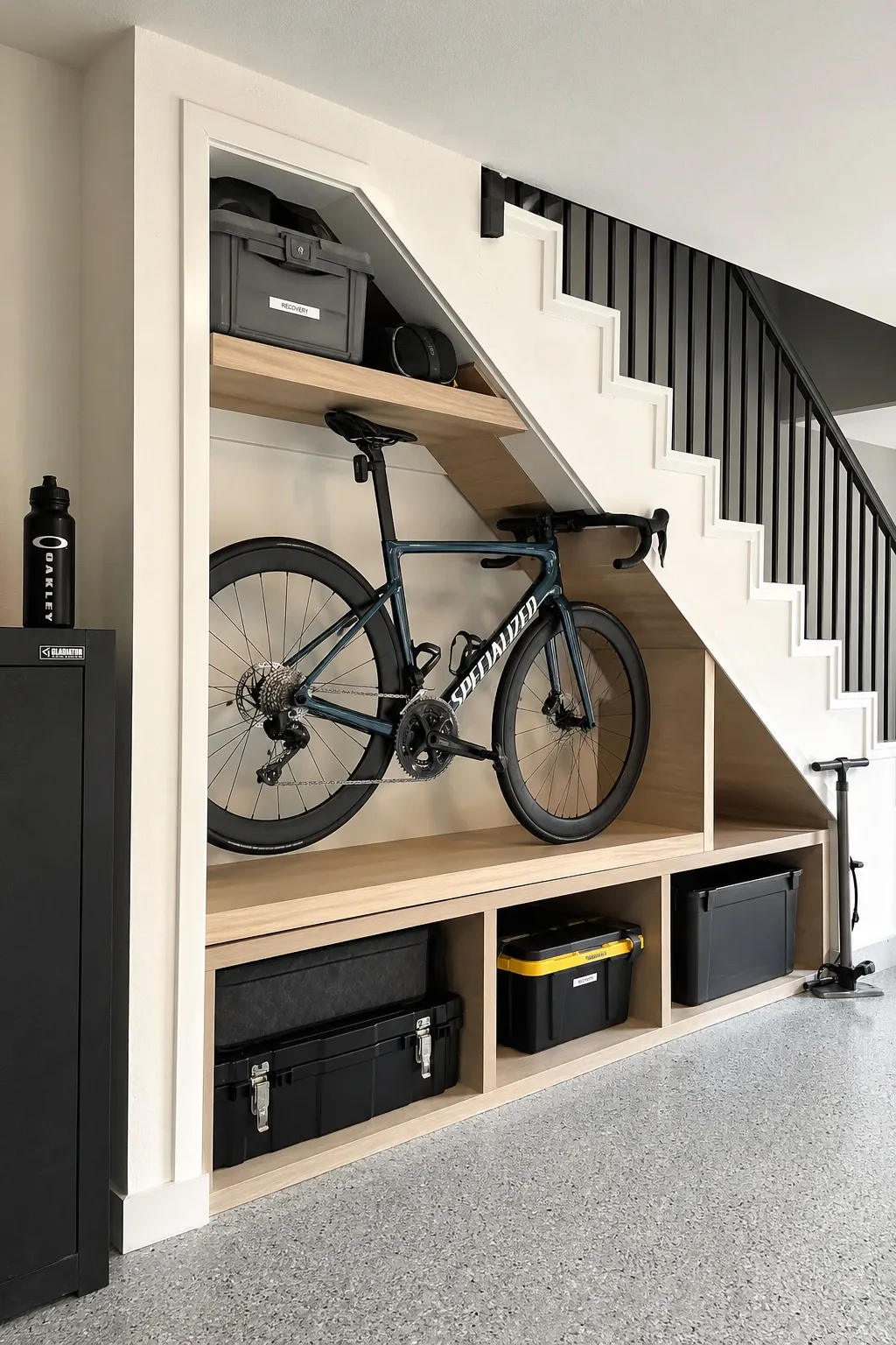 multi-bike floor rack in a garage