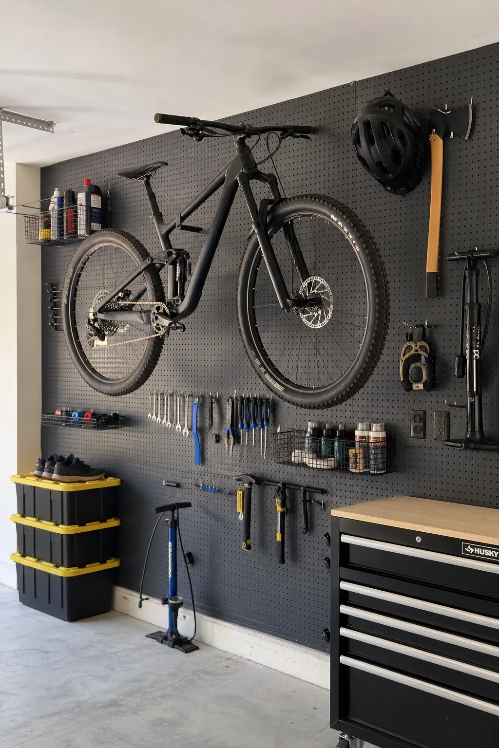 wall-mounted shelf rack in a garage