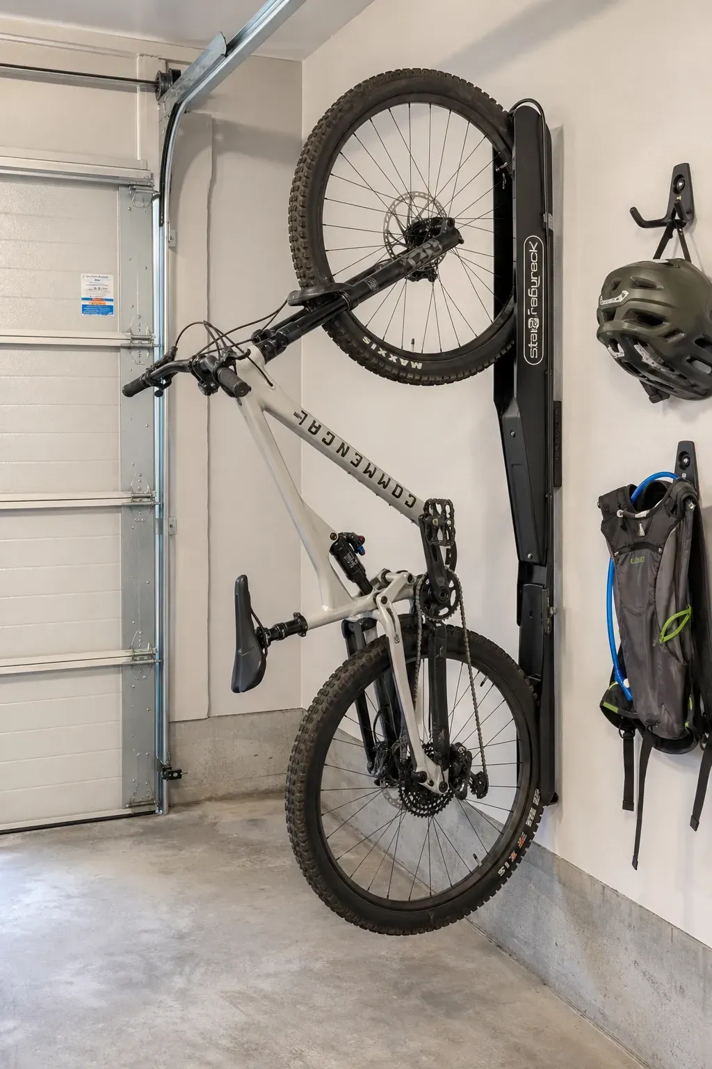 wall-mounted vertical racks in a garage