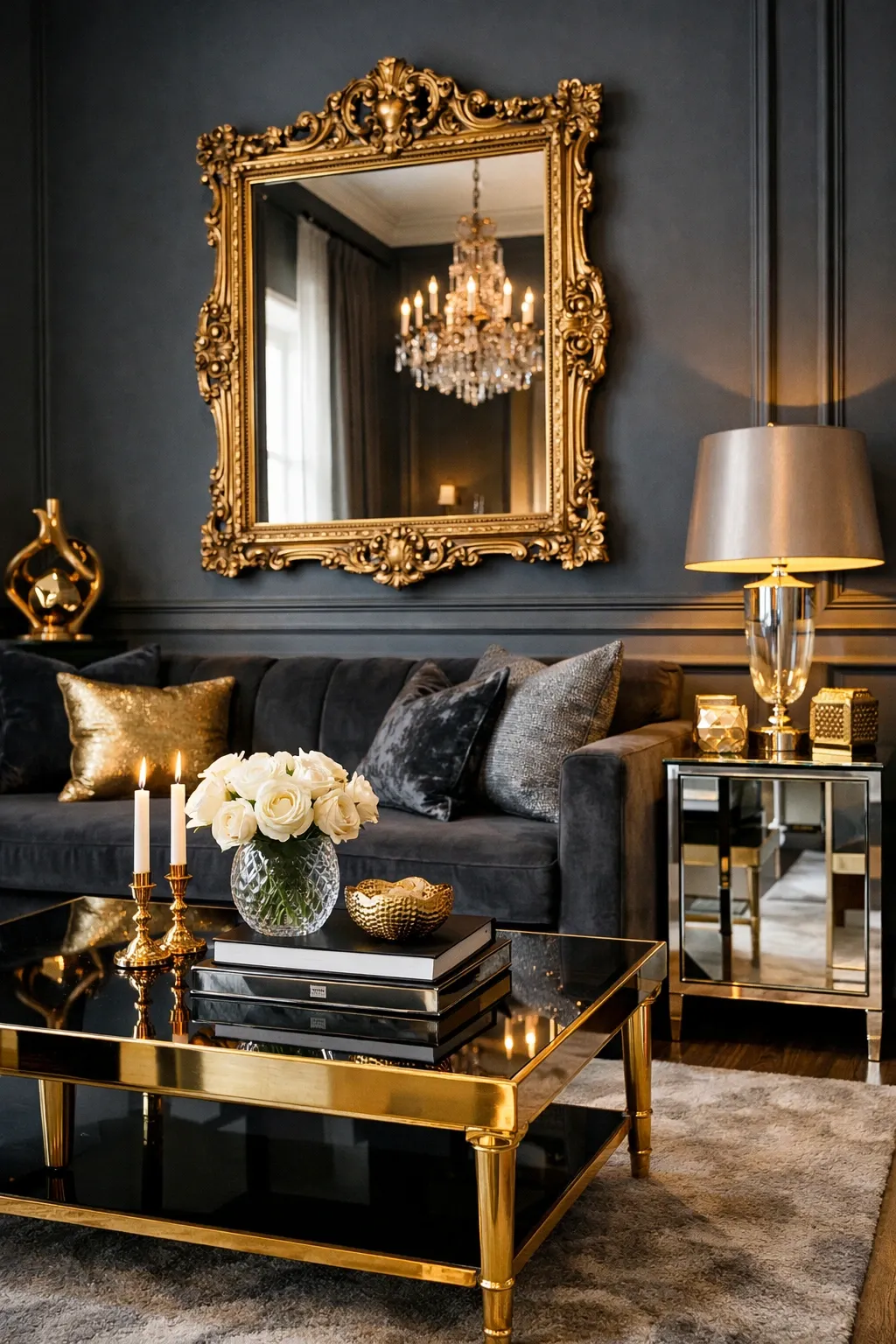 grey and metallic gold accents in a living room