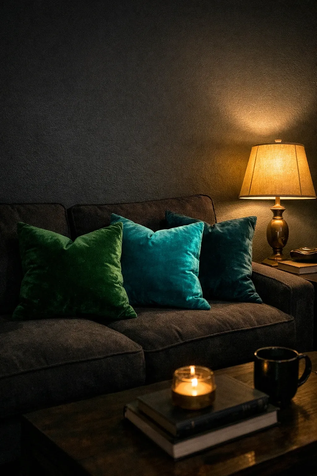 grey with a pop of yellow in a living room