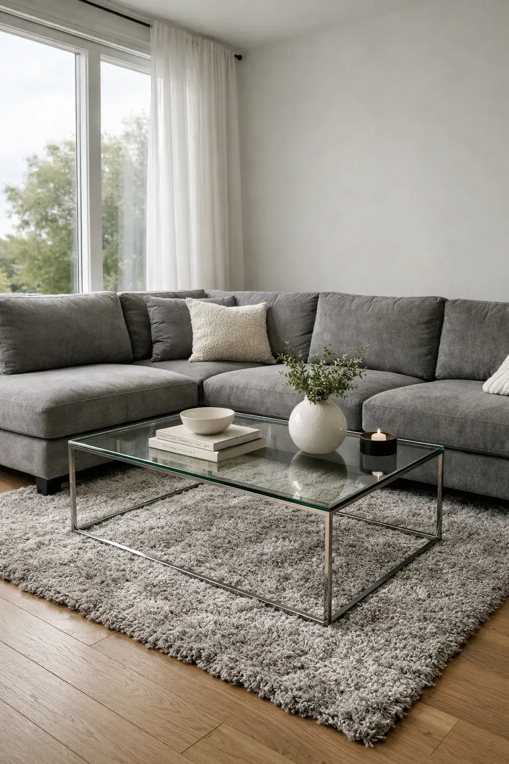 plush grey sofa as the anchor in a living room