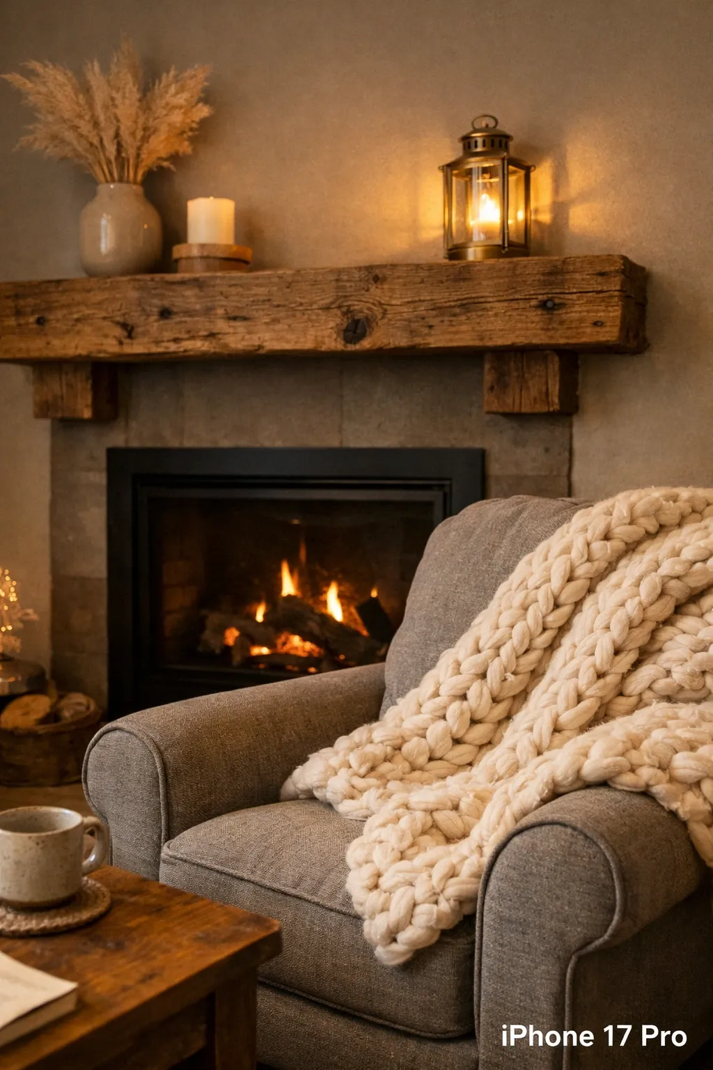 warm grey with natural wood in a living room