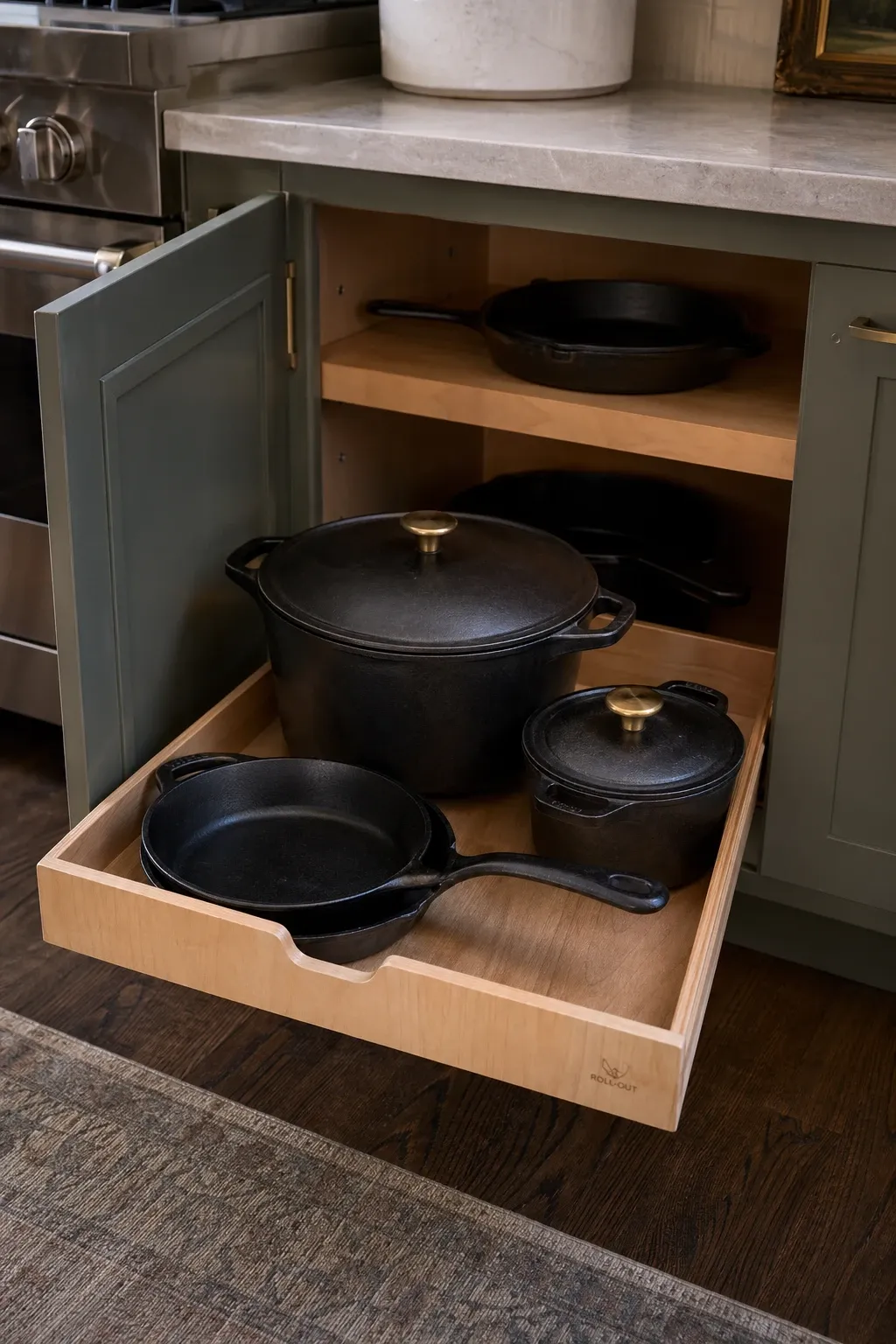 adjustable pot and pan rack in a kitchen