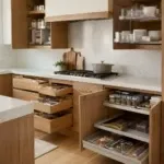 stackable shelf risers in a kitchen