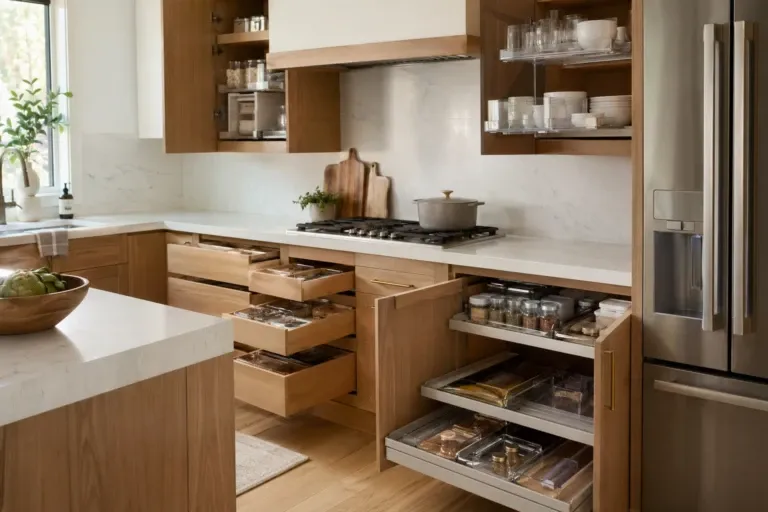 stackable shelf risers in a kitchen