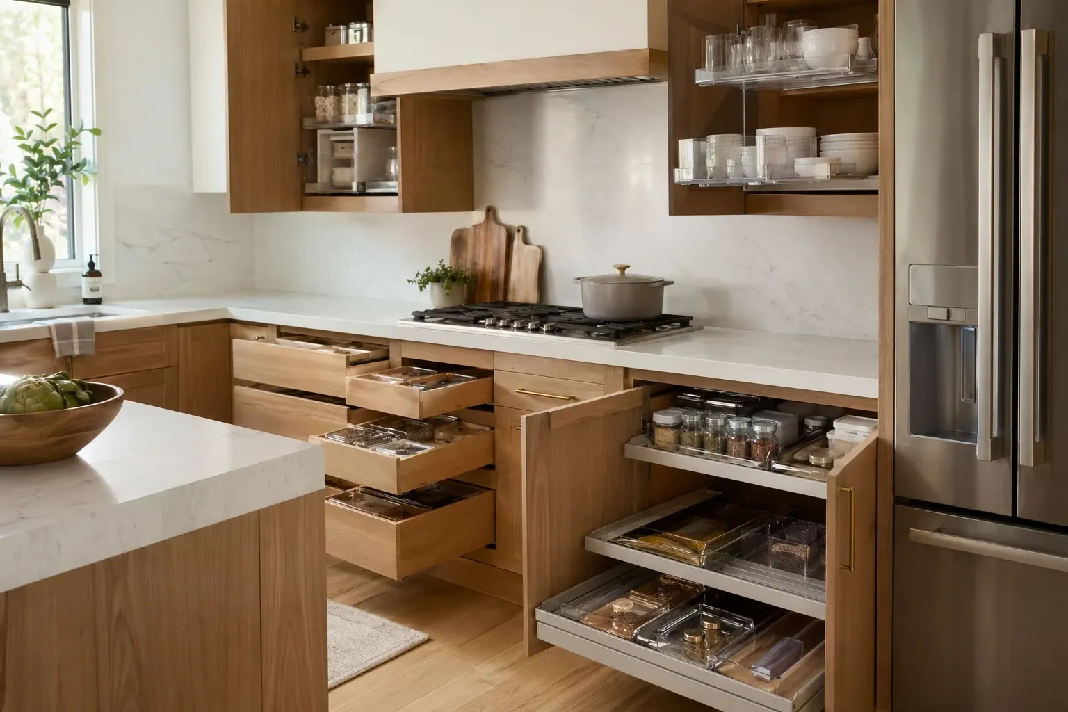 stackable shelf risers in a kitchen