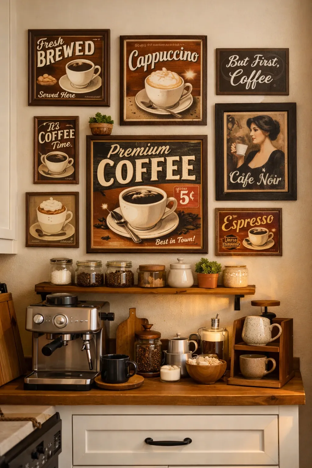 coffee nook gallery wall in a kitchen