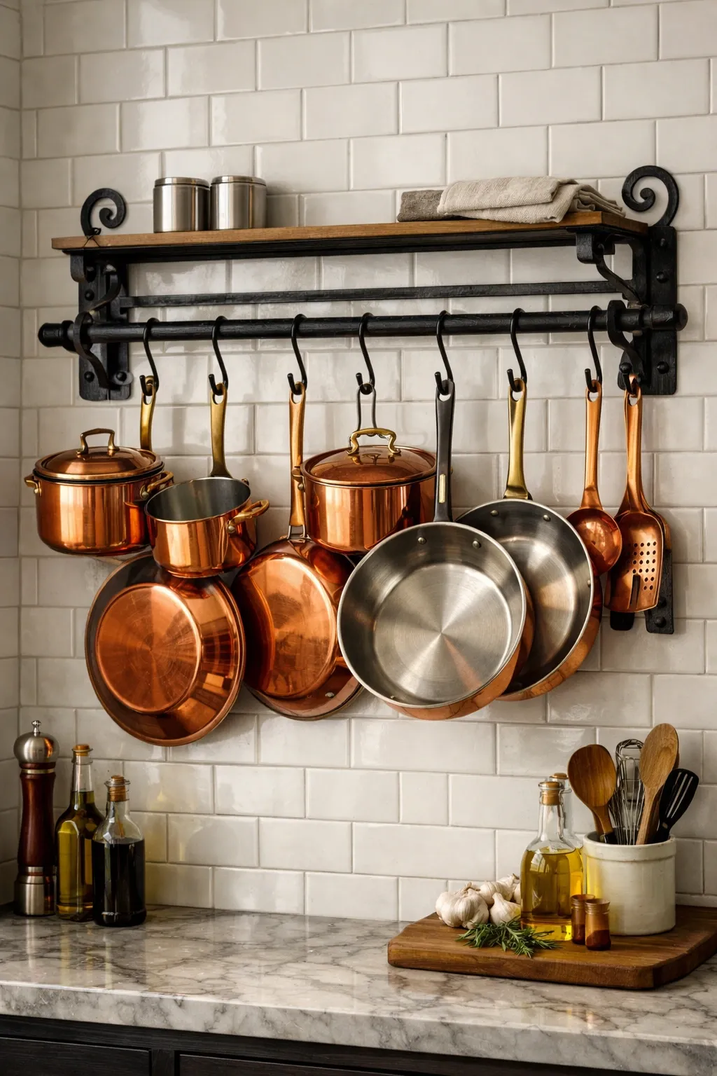 hanging pot and pan rack in a kitchen