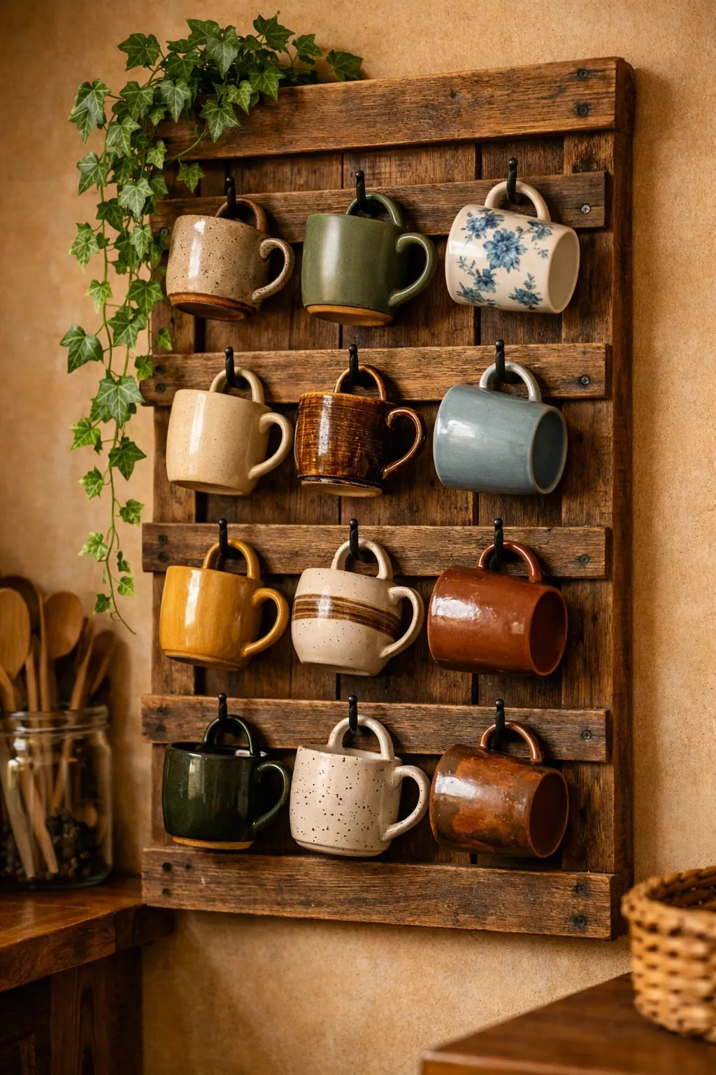rustic mug rack with hooks in a kitchen