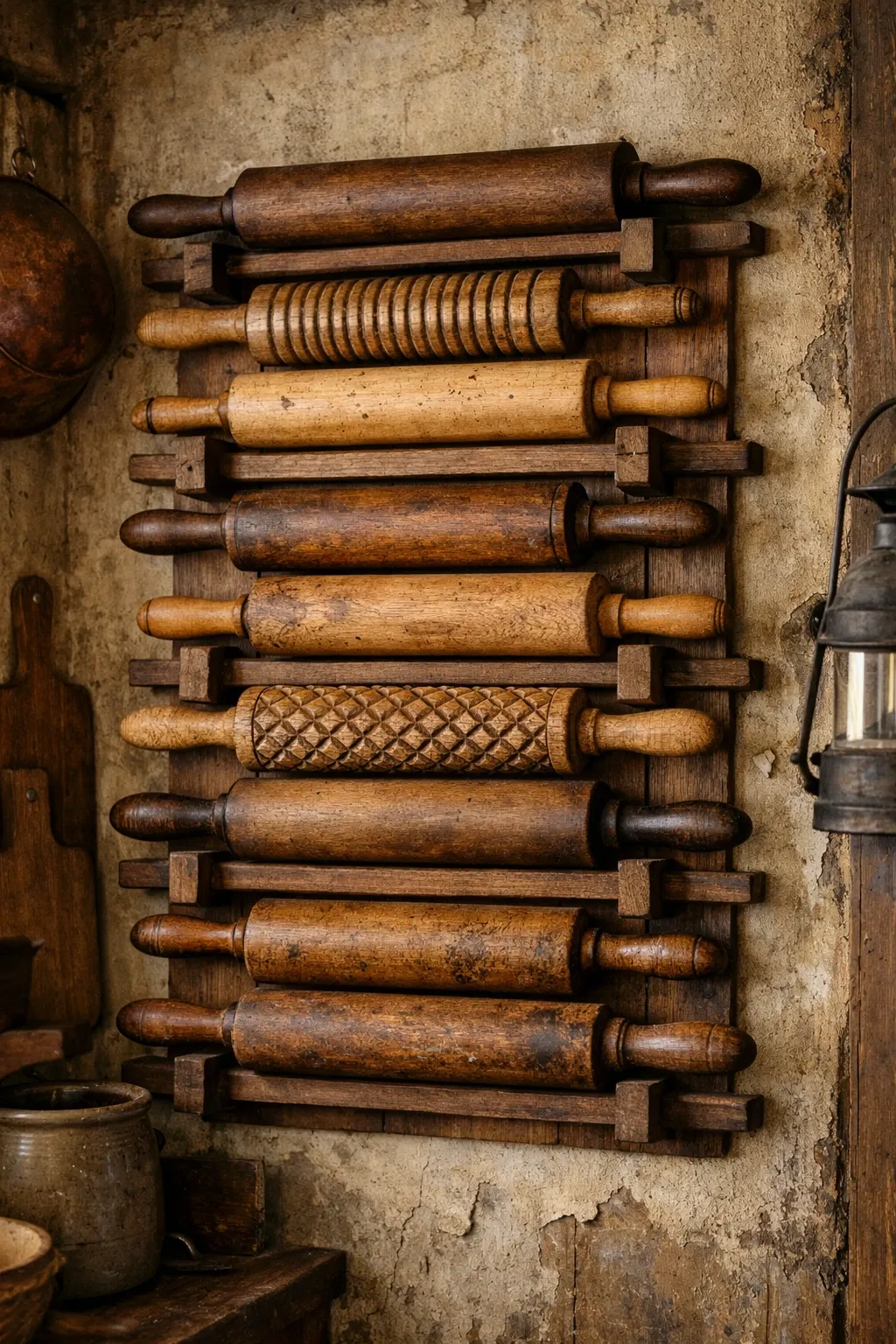 vintage rolling pin display in a kitchen