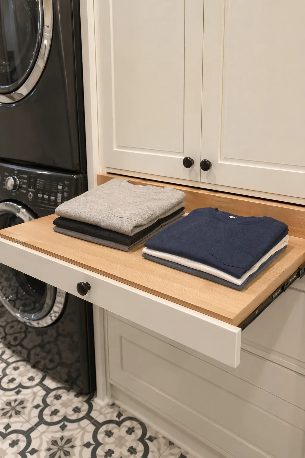 add a slide-out hamper drawer under a counter in a laundry
