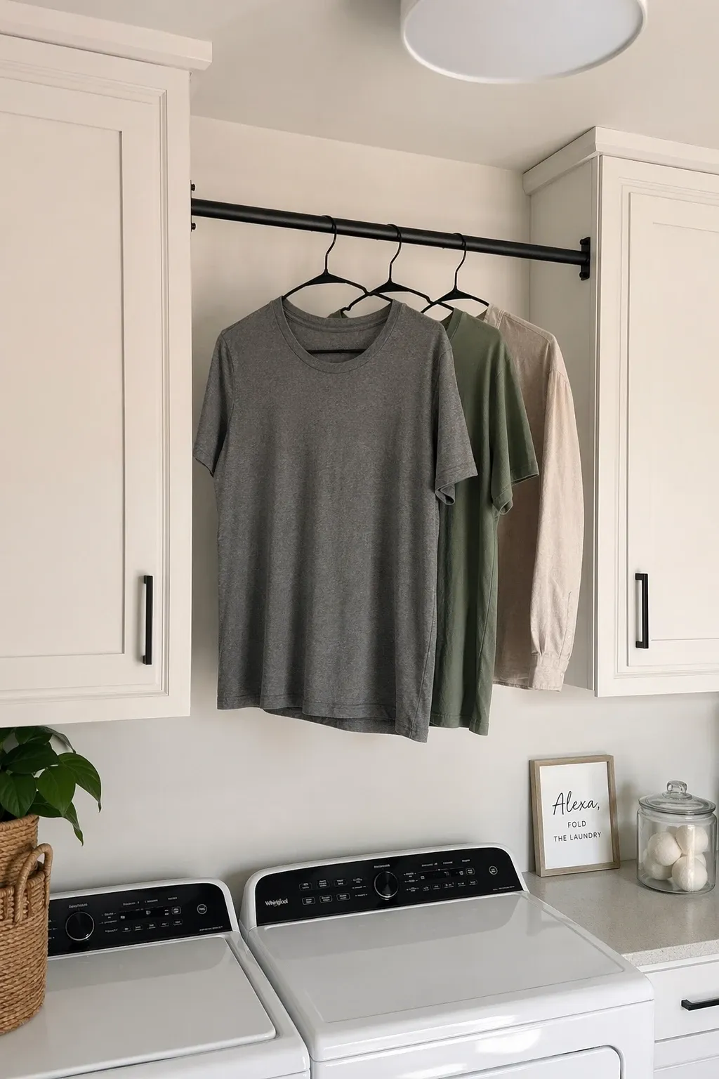 build a hanging rod into unused vertical space in a laundry
