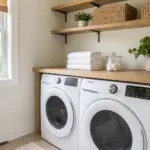 floating shelves above the washer and dryer in a laundry