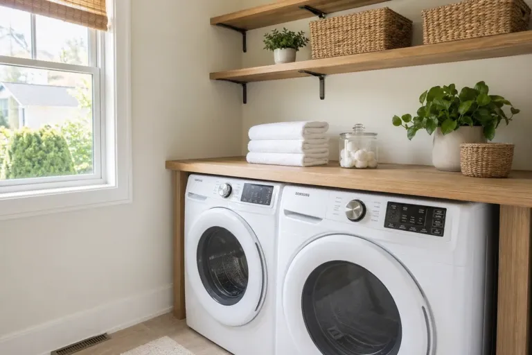 floating shelves above the washer and dryer in a laundry