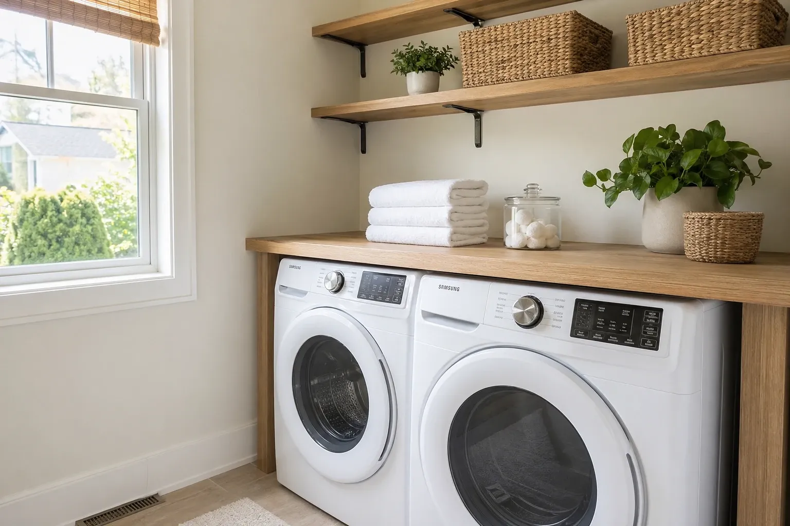 floating shelves above the washer and dryer in a laundry