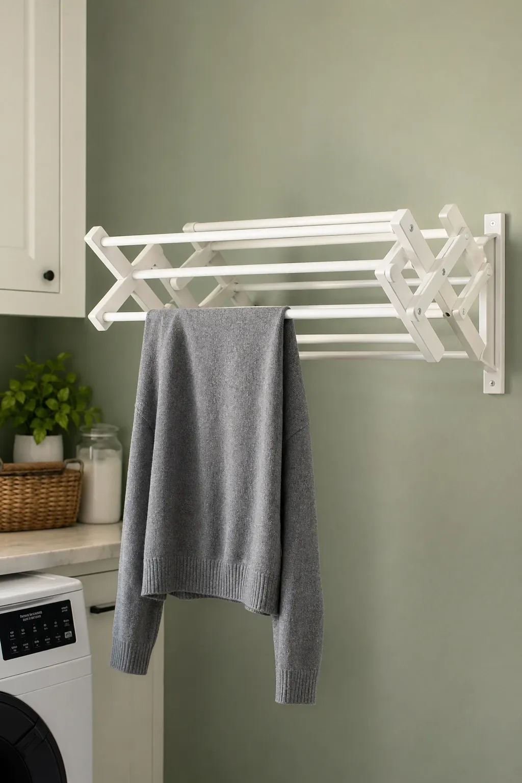 wall-mounted drying rack in a laundry