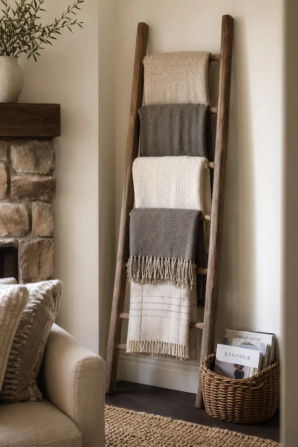 decorative ladder display in a living room