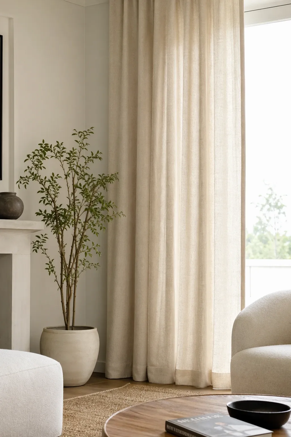 using curtain color to fix an awkward room shape in a living room