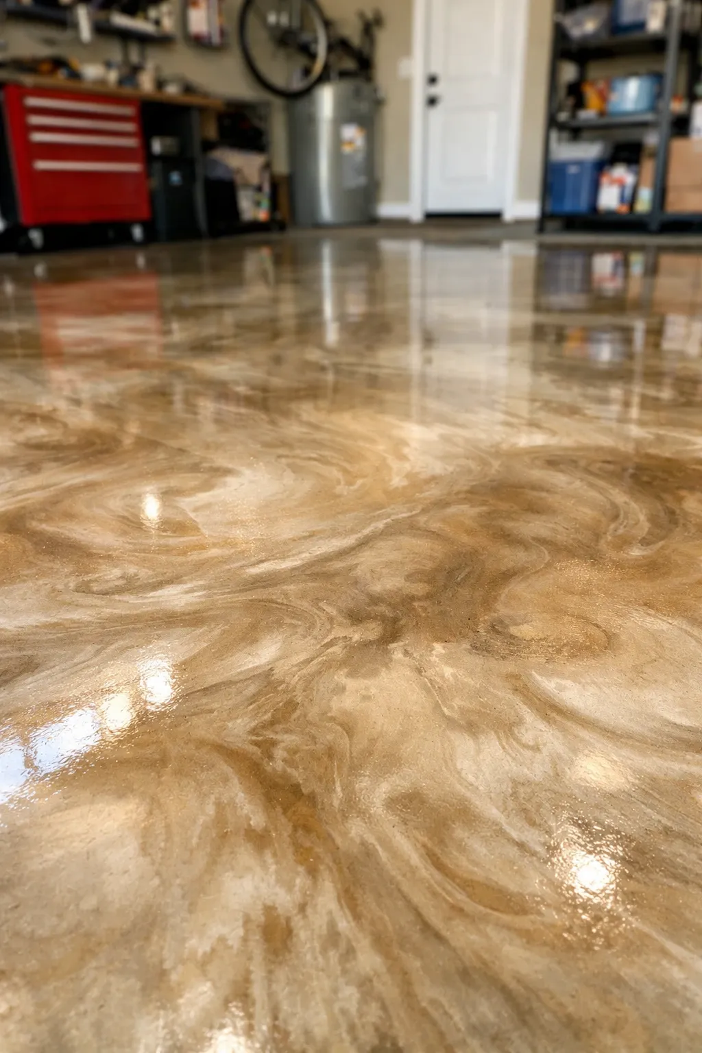 beige and brown metallic swirl in a garage